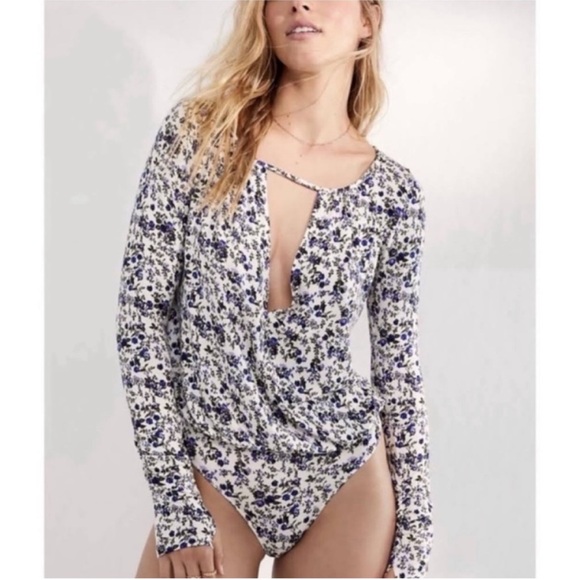 Free People Floral Bodysuit in Blue and White - Picture 2 of 10